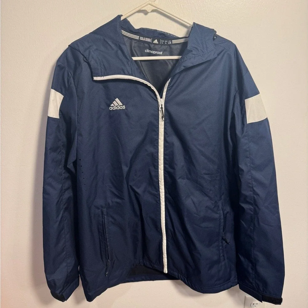 Adidas Climaproof Windbreaker Jacket Mens Large‎ Navy Blue White Full Zip Hooded